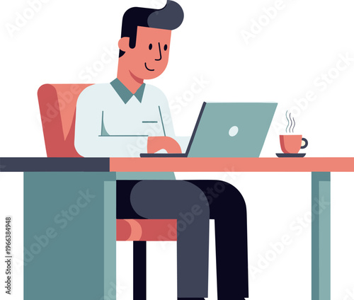 Man working on laptop at desk with coffee in modern flat vector illustration