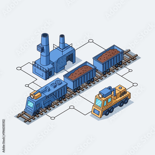Isometric illustration of a blue factory connected by lines to trains and coal wagons on railway tracks, symbolizing industrial logistics and supply chain management.