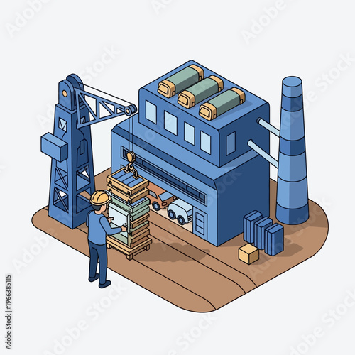 Isometric illustration of a factory with a crane loading materials onto a pallet, a worker overseeing the process, and trucks entering the building.
