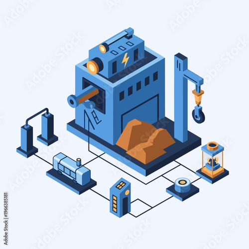Isometric illustration of a modern industrial factory complex with interconnected machinery and raw materials.