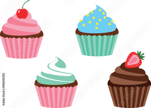 Colorful cupcake set vector illustration with frosting and fruit toppings, sweet bakery dessert collection design for menu, party and packaging use