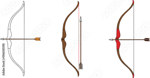 Bow and Arrow Vector Illustration Set Featuring Different Styles and Arrow Designs for Archery and Sports Concepts