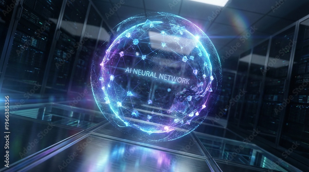 Obraz premium Vibrant Geometric AI Neural Network Illuminating Digital Data Processing and Advanced Computing for Future Technology