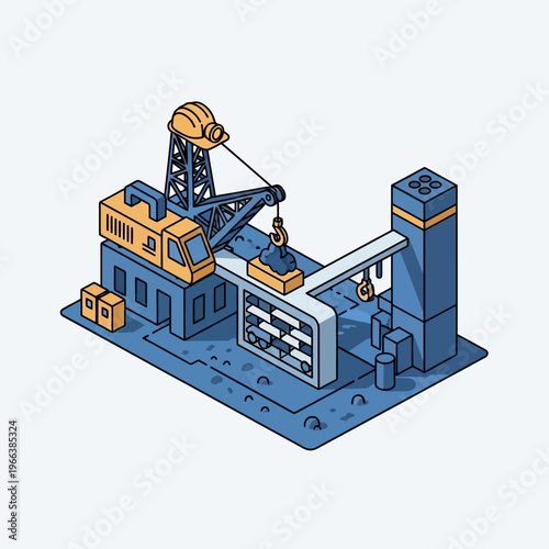 Isometric illustration of a construction site with a crane, building materials, and industrial machinery.