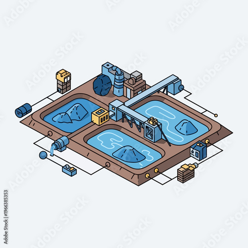 Isometric illustration of an industrial water treatment plant with multiple basins and processing equipment.