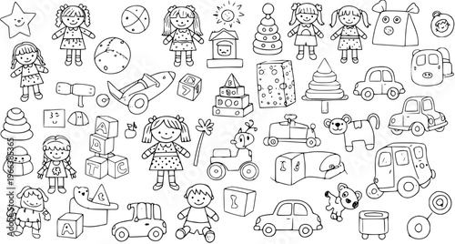 Black and white hand-drawn doodle collection of various children's toys like dolls, cars, blocks, rockets, and animals, great for coloring books or kids' designs.
