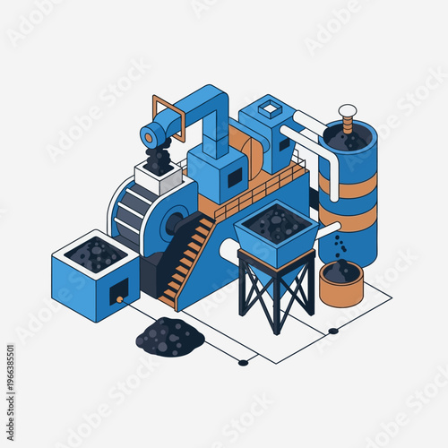 Isometric illustration of a coal processing plant with machinery and raw materials.