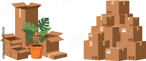 Cardboard Boxes, Packing, and Plant in Pot Illustration Set for Moving, Storage, and Shipping Designs