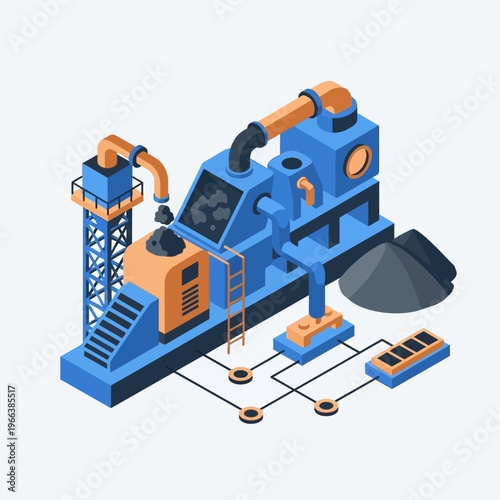 Isometric illustration of a modern industrial processing plant with conveyor belts, machinery, and a pile of raw materials.