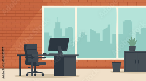 Modern office workspace with computer desk, chair, and city view