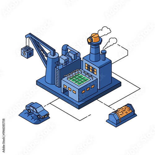 Isometric illustration of a modern factory with a crane, car, and raw materials, representing industrial production and logistics.
