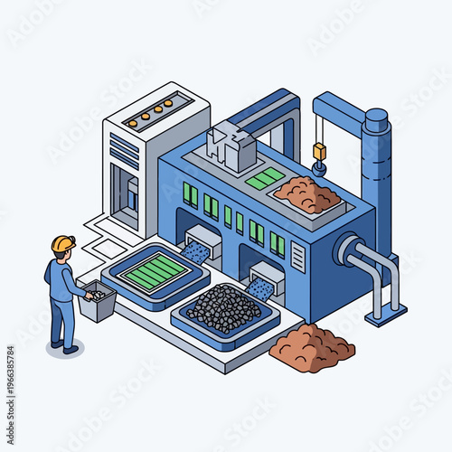 Isometric illustration of a modern industrial factory with a worker overseeing the production line and automated machinery processing materials.