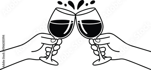 Flat outline illustration of toasting hands holding wine glasses with red wine minimal modern line art festive vector design
