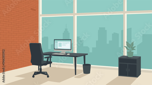 Modern minimalist office workspace with computer, chair, and city view