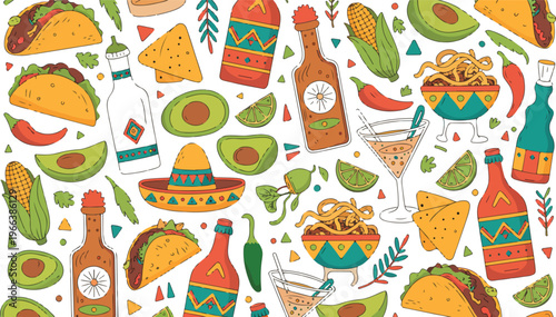 Flat colorful illustration pattern featuring traditional Mexican cuisine with tacos, lime, chili peppers, tequila shots, bottles, and sombreros