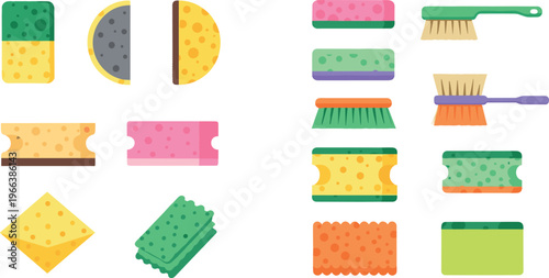 Cartoon cleaning tools and sponges in colorful vector illustration showing different shapes, textures, and functions