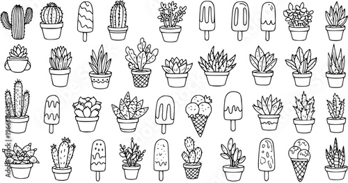 Cactus  Ice Cream Doodle Pattern: Cute Hand-Drawn Plants and Treats