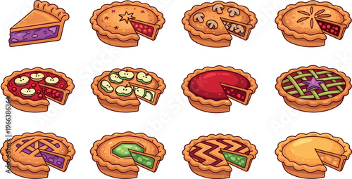 Cartoon pies with slices cut out showing colorful fillings and decorative crust designs in playful vector illustration