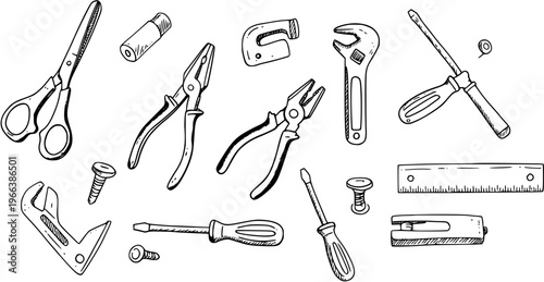 Hand-Drawn Tools Illustration: Scissors, Pliers, Screwdrivers, Wrenches, and More
