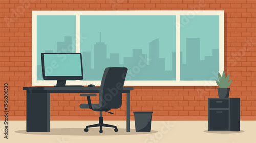 Modern office workspace with computer desk, chair, and city skyline view