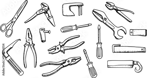Hand-Drawn Tools Set: Sketch of Construction, Repair  DIY Equipment