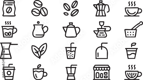 Coffee and Tea Line Icon Set Featuring Cafe Drinks and Brewing Elements