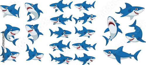 Cartoon Shark Illustration Set with Various Expressions and Poses for Ocean, Marine Life, and Wildlife Designs