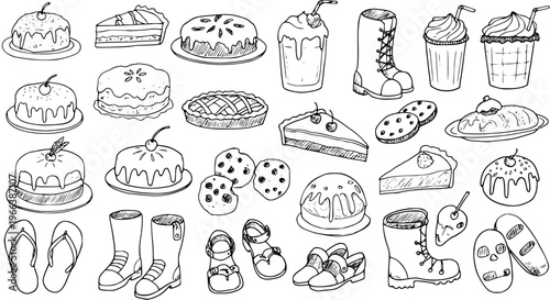 Whimsical Dessert  Shoe Doodle Pattern: Cakes, Pies, Boots, Sandals, and More in Black and White