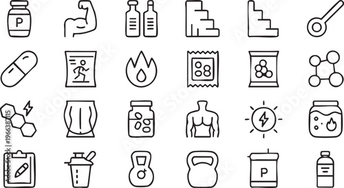 Gym Supplements Line Icons Featuring Vitamins Protein and Energy Boosters
