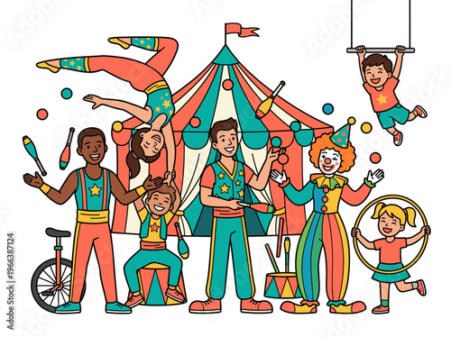 Circus Performers Celebrating, Colorful Vector Illustration with Acrobats, Clown and Ringmaster
