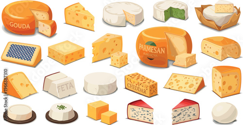 Cheese varieties including Gouda, Parmesan, Feta, Cheddar, and assorted wedges, blocks, and wheels in vector illustration