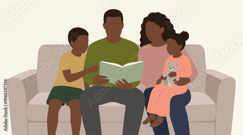 Black family reading a book together on a sofa in a flat illustration