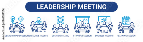 Leadership Meeting web banner icon vector illustration concept with icons of leadership discussion, executive meeting, decision making, strategy session, business meeting, and planning session.