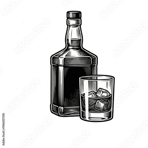 Bourbon Whiskey Bottle and Glass with Ice, Vintage Engraving Illustration
