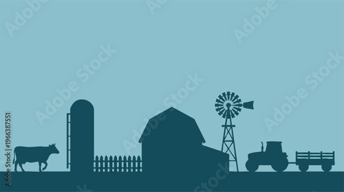 Minimalist Farm Landscape Silhouette Illustration with Agricultural Elements