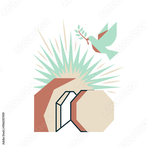 Resurrection of Christ, Stone Rolled Away from Tomb, Minimalist Easter Religious Illustration
