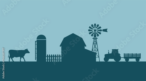 Farm life concept with barn, silo, cow, windmill and tractor silhouette