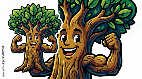 Cartoon tree characters flexing muscles.