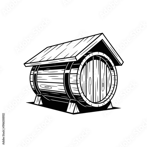 Wooden Barrel with Roof Black and White Illustration.