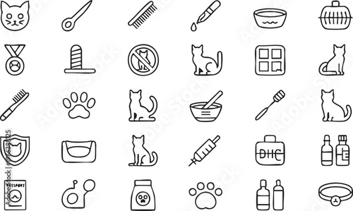 Cat and Pet Care Line Icons for Veterinary Clinics and Animal Services