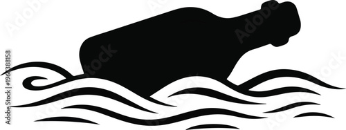 Hand-drawn outline of bottle with heart drifting on stylized waves simple monochrome minimalistic ocean concept illustration