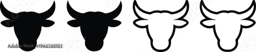 Hand-drawn inspired line art of four bulls featuring solid and outlined heads with sharp lines and robust facial structure flat vector