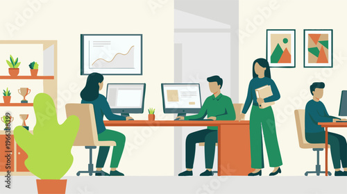 Diverse team working in a modern minimalist office environment