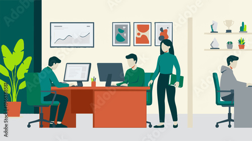 Professional team working on computers in a modern office environment illustration