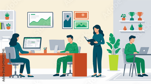 Business people working in a modern office, focused on tasks and collaboration