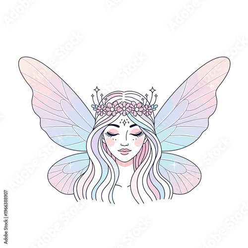 Whimsical Fairy Portrait with Pastel Wings and Flower Crown
