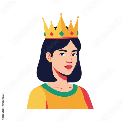 Woman wearing a golden crown, portrait of a queen, royal symbol, female leader