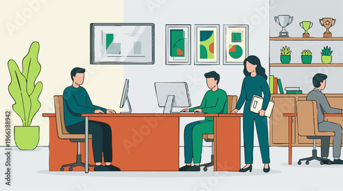 Business professionals collaborating in a modern office with computers and decor