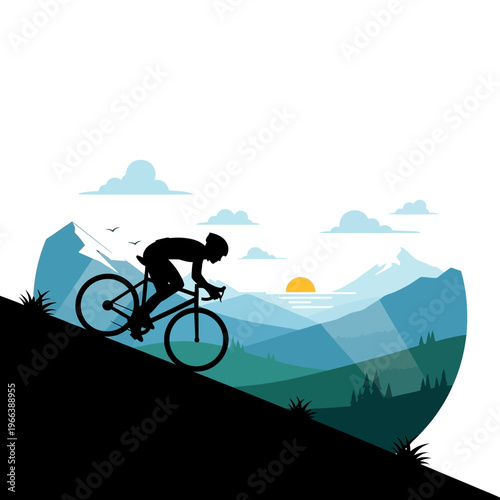 Cyclist Silhouette Riding Downhill Mountain Landscape, Sunrise, Cycling Adventure