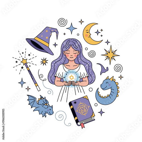 Young witch girl holding glowing orb surrounded by magic symbols, fantasy, mystical, children illustration